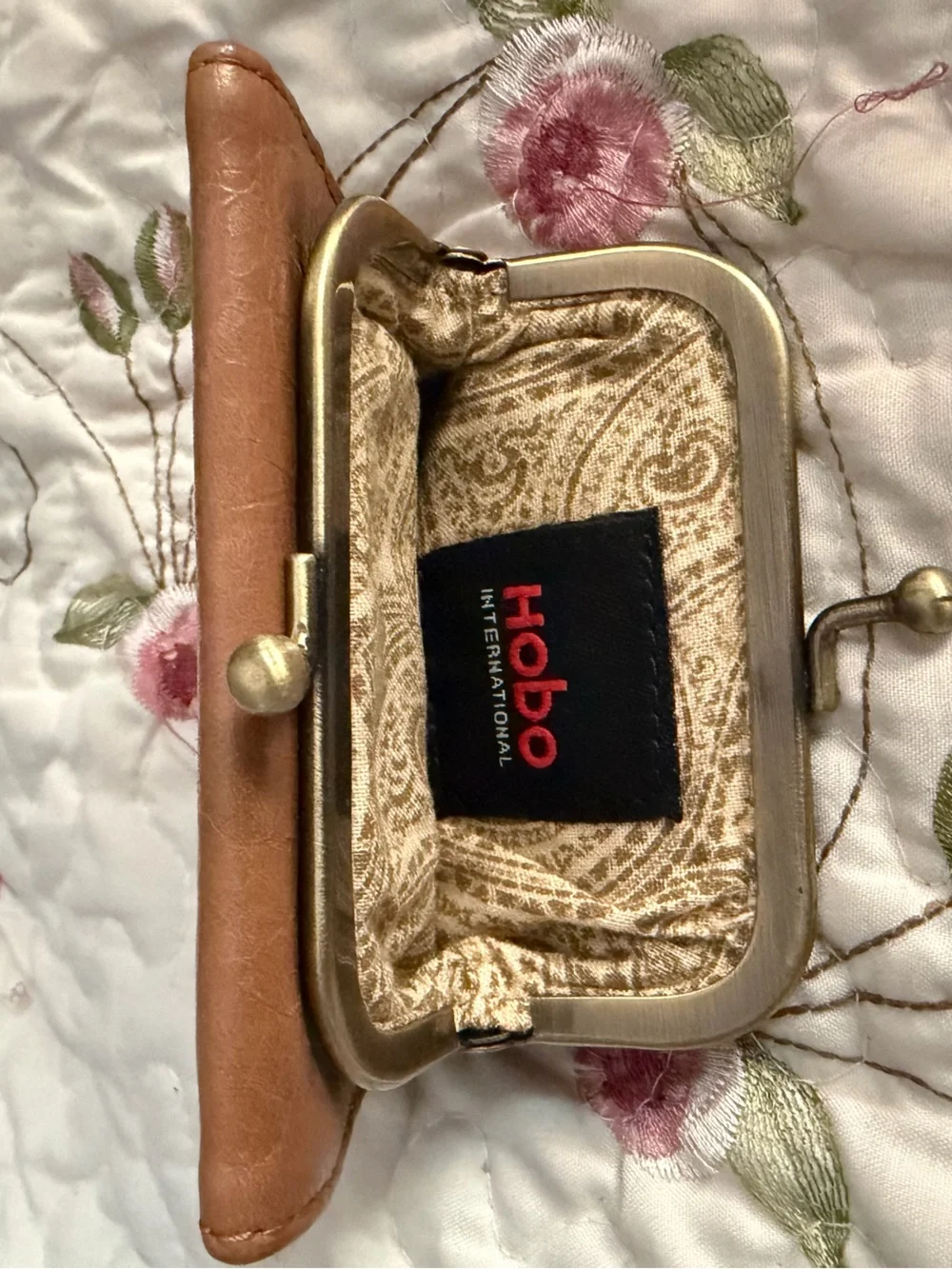HOBO Tan Leather Kiss-Lock Coin Pouch with Patterned Lining